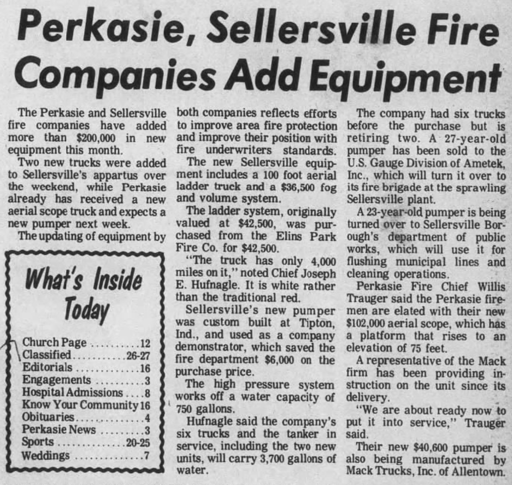 1973 - Newspaper article about the new apparatus delivered to the Sell-Perk area