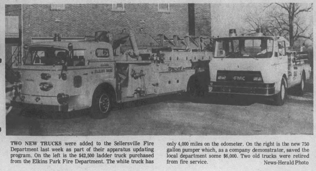 1973 - The &quot;new&quot; ladder truck and new pumper delivered. Photo taken in the rear of the 1925 firehouse