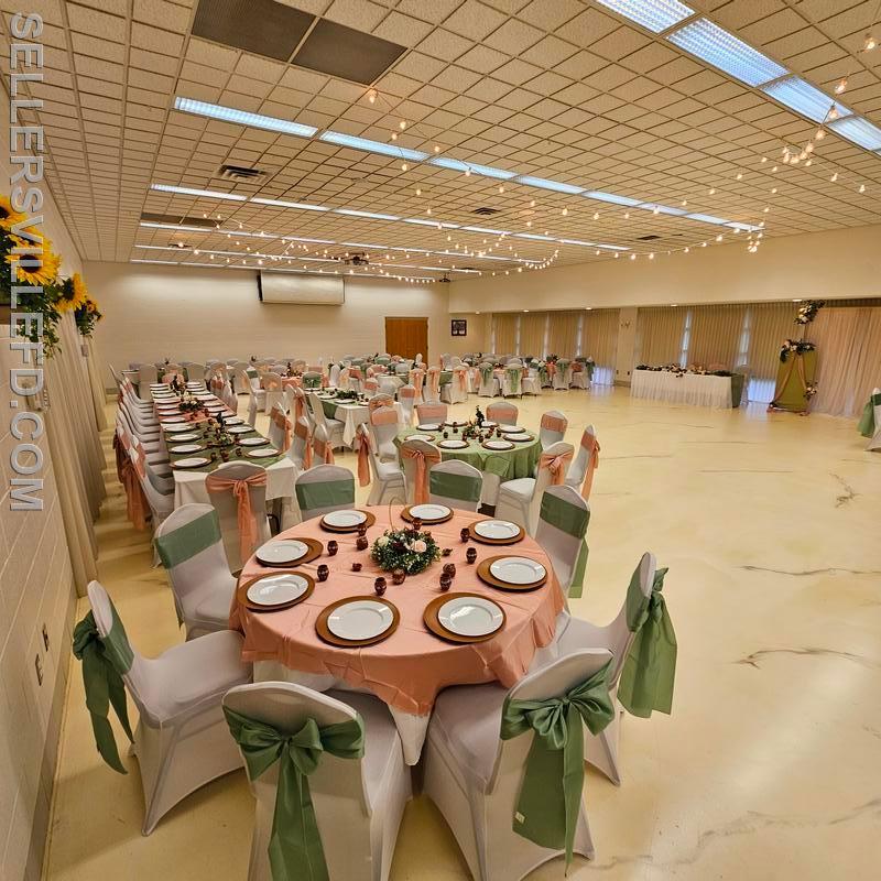 SET UP FOR 160 - FOOD IN HALLWAY MIX OF RECTANGLE AND ROUND TABLES